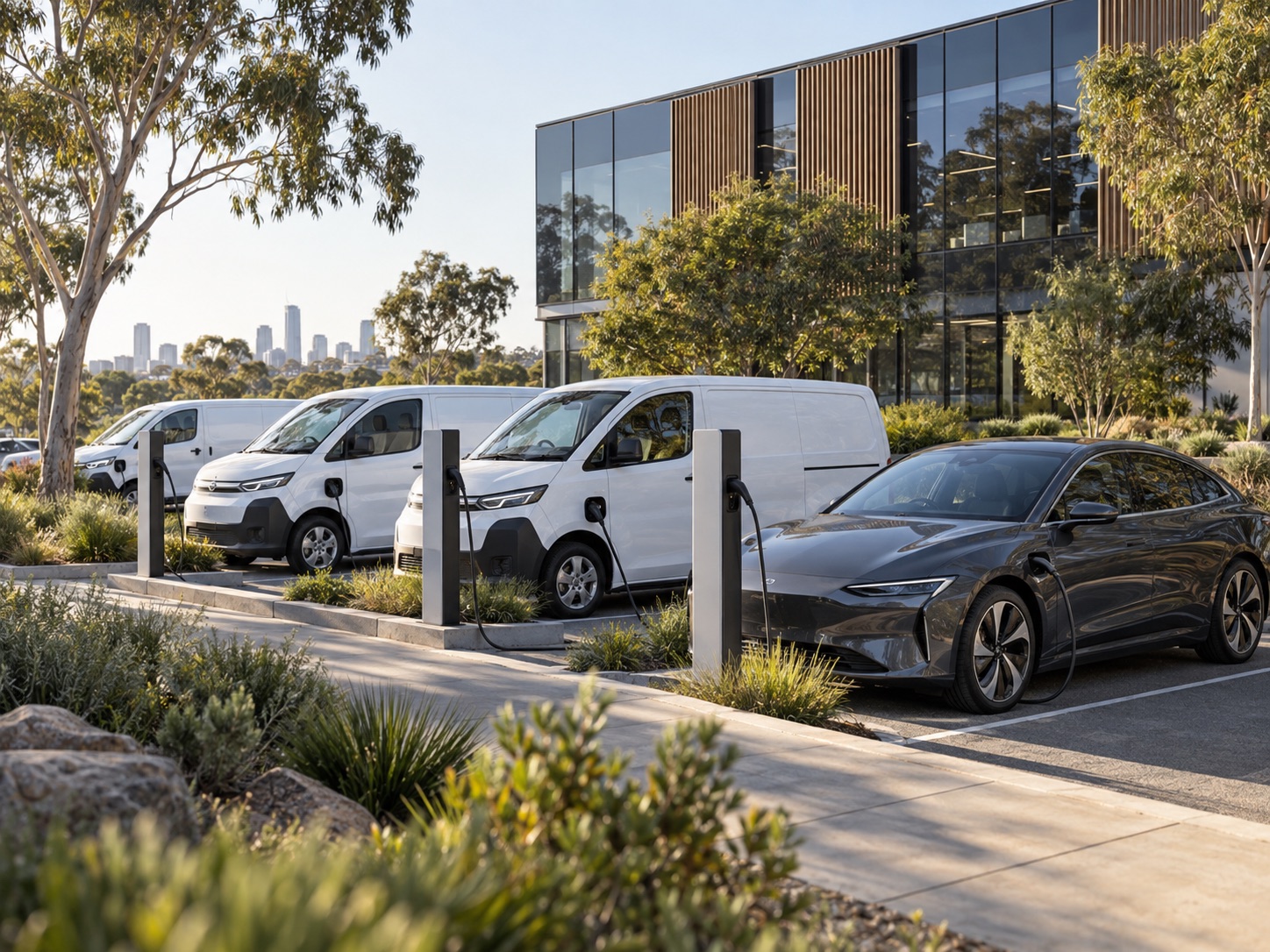 Electric fleet vehicles at a modern workplace charging station