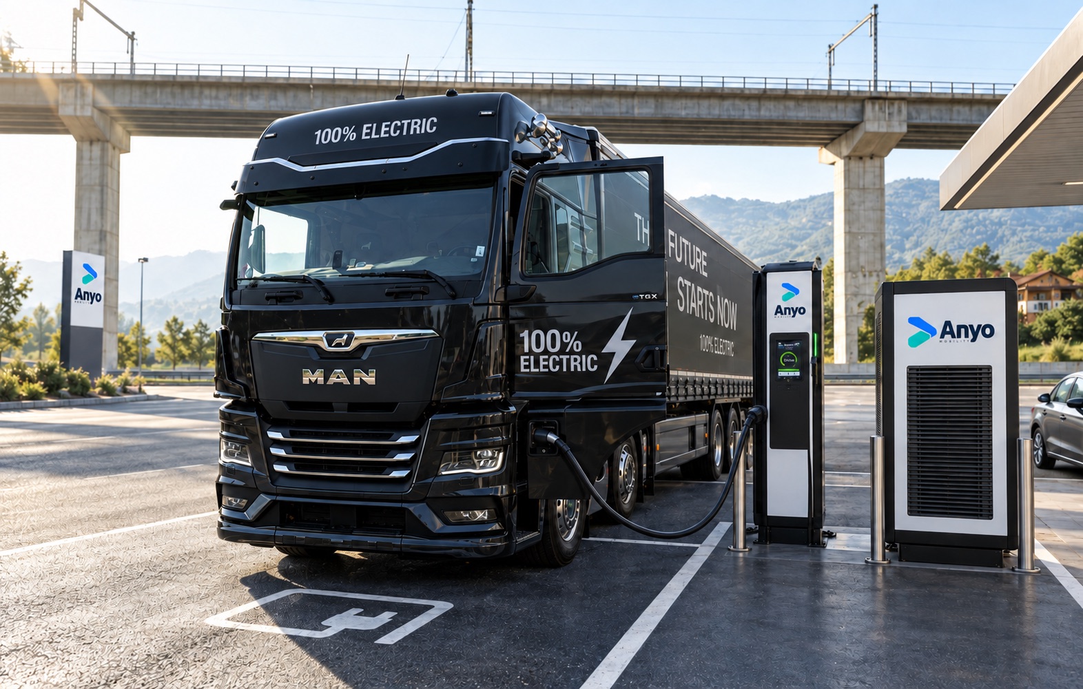 An electric Anyo fleet truck using charging infrastructure